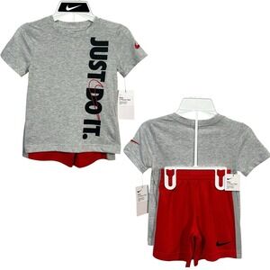 Nike Boys T-Shirt & Shorts Outfit Set Size 4 Just Do It Athletic Sporty Red Gray